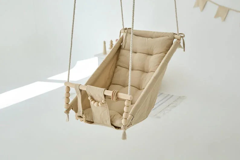 DreamDen™ Wooden Toddler Swing – Handcrafted Natural Wood Baby Swing for Safe, Joyful Playtime