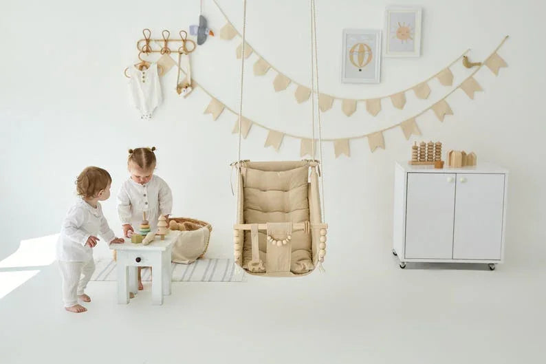 DreamDen™ Wooden Toddler Swing – Handcrafted Natural Wood Baby Swing for Safe, Joyful Playtime